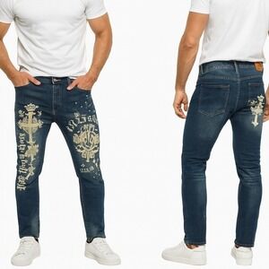 Jeans Wear Blue Denim Mens Size 30‎ Graphic Print Cross Distressed Urban Hip Hop